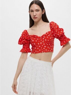 H&M Divided Orange Floral Puff Sleeve Crop Top | Cottagecore Y2K Coquette
